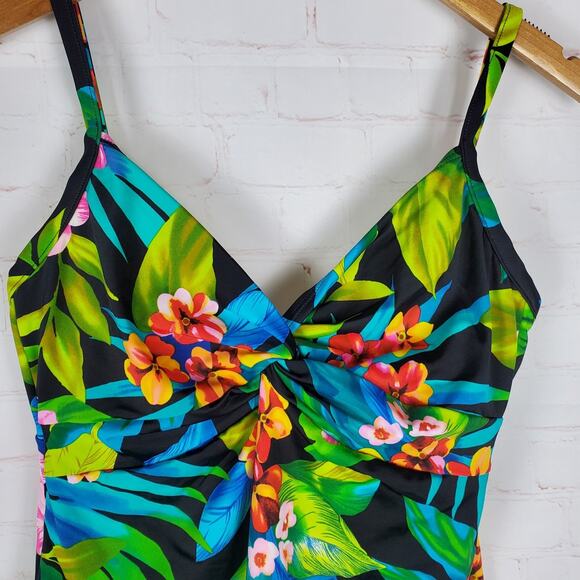 Miraclesuit 2 PC Roswell TANKINI SWIMSUIT Sz 12 Black Tropical Floral Underwire - Picture 9 of 16